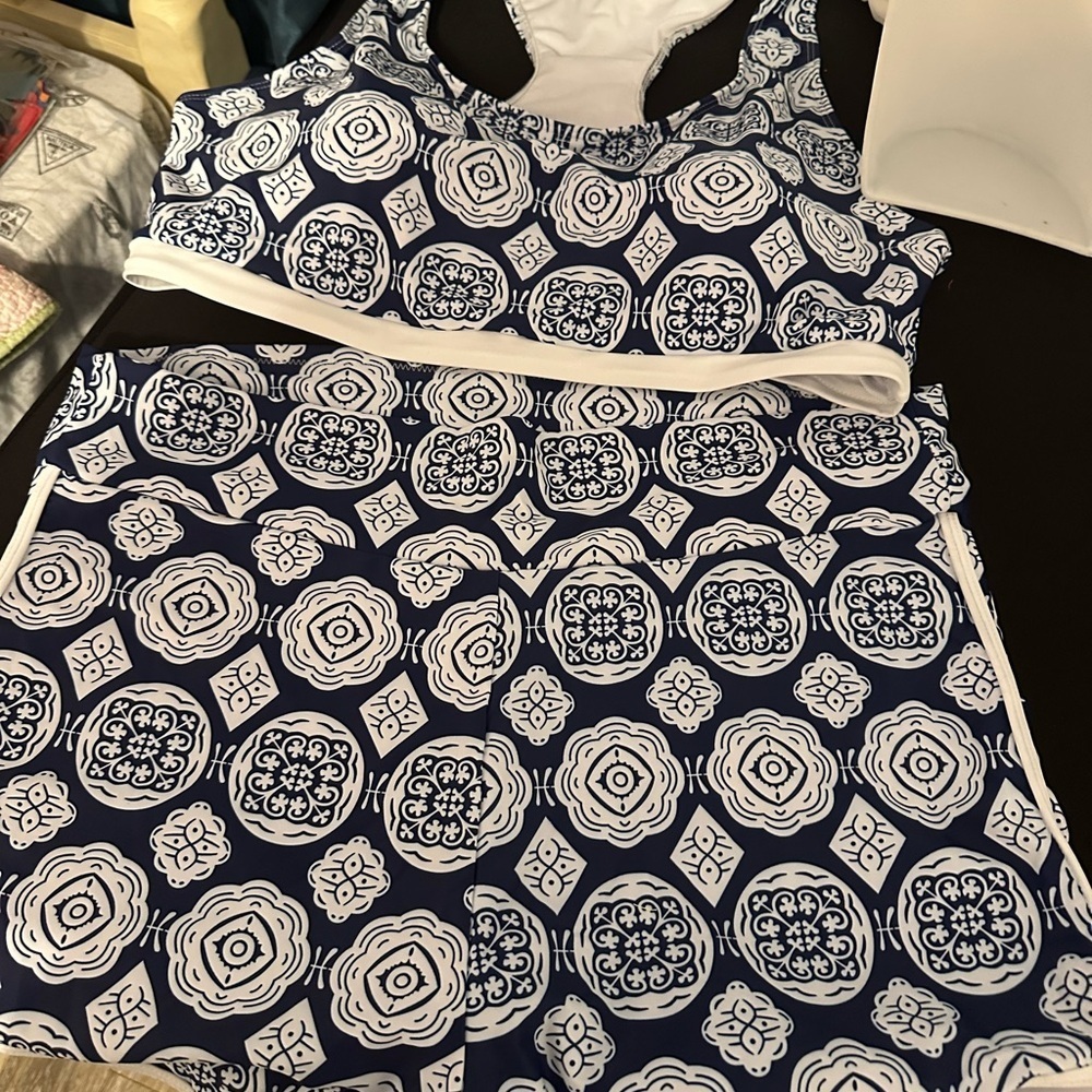 Navy and White Sport Swim Set with Solid Blue Razor Back Tank Cover Shirt - Picture 4 of 16